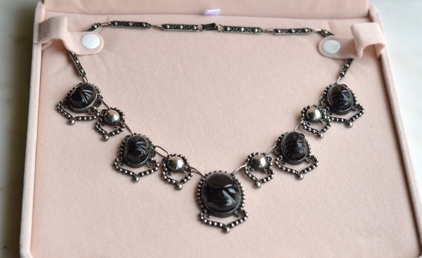 Vintage Mexican Sterling Silver Onyx Scarab Necklace - Signed JJG Co Mexico 925 - Egyptian Revival Festoon Fringe - Hand Carved Taxco Style Jewelry