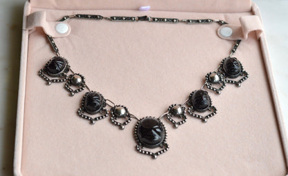 Vintage Mexican Sterling Silver Onyx Scarab Necklace - Signed JJG Co Mexico 925 - Egyptian Revival Festoon Fringe - Hand Carved Taxco Style Jewelry