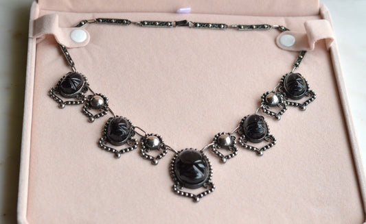 Vintage Mexican Sterling Silver Onyx Scarab Necklace - Signed JJG Co Mexico 925 - Egyptian Revival Festoon Fringe - Hand Carved Taxco Style Jewelry