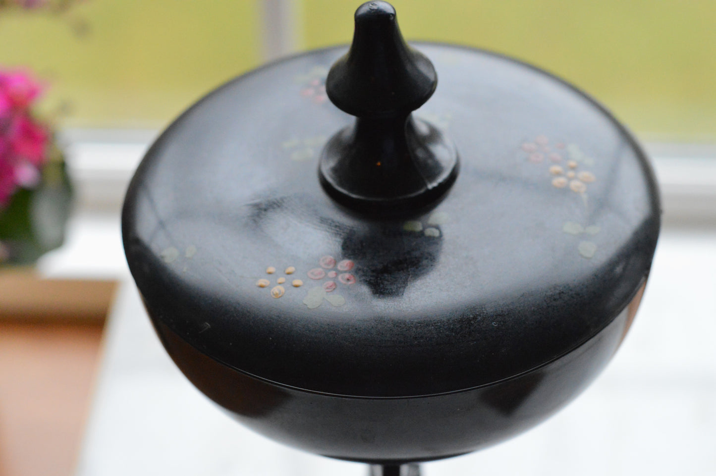 Rare 1930s Dermay Fifth Avenue NY Black Amethyst Glass Vanity Dish - Art Deco Nude Nymph Pedestal - Hand-Painted Enamel - Tiffin for Dermay