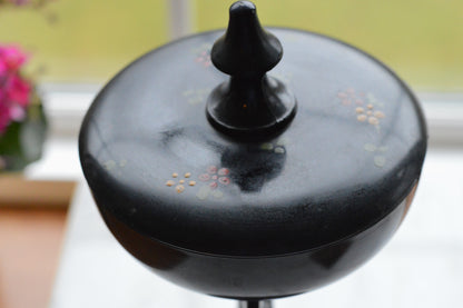 Rare 1930s Dermay Fifth Avenue NY Black Amethyst Glass Vanity Dish - Art Deco Nude Nymph Pedestal - Hand-Painted Enamel - Tiffin for Dermay
