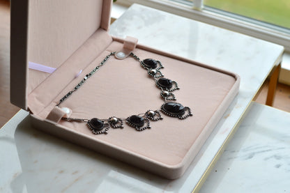 Vintage Mexican Sterling Silver Onyx Scarab Necklace - Signed JJG Co Mexico 925 - Egyptian Revival Festoon Fringe - Hand Carved Taxco Style Jewelry