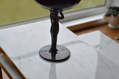 Rare 1930s Dermay Fifth Avenue NY Black Amethyst Glass Vanity Dish - Art Deco Nude Nymph Pedestal - Hand-Painted Enamel - Tiffin for Dermay