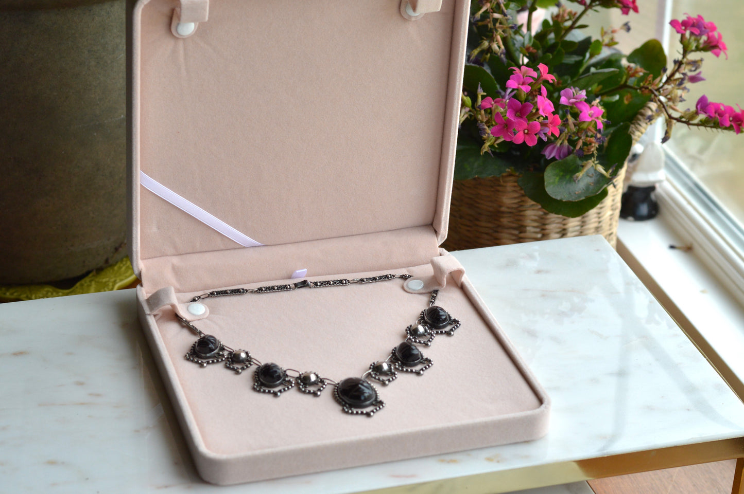 Vintage Mexican Sterling Silver Onyx Scarab Necklace - Signed JJG Co Mexico 925 - Egyptian Revival Festoon Fringe - Hand Carved Taxco Style Jewelry