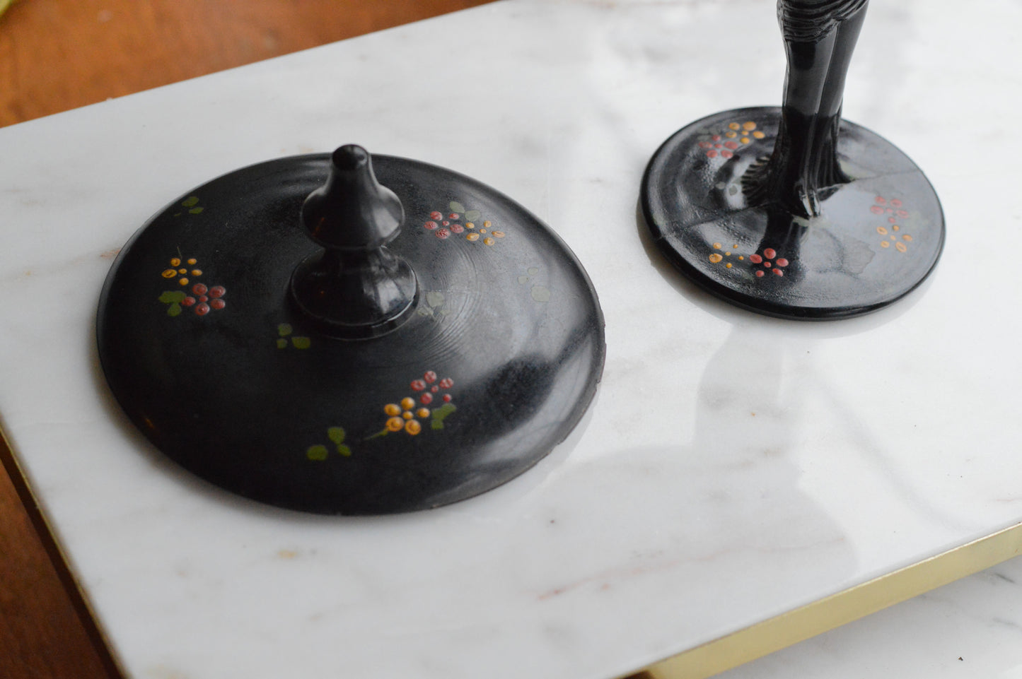 Rare 1930s Dermay Fifth Avenue NY Black Amethyst Glass Vanity Dish - Art Deco Nude Nymph Pedestal - Hand-Painted Enamel - Tiffin for Dermay