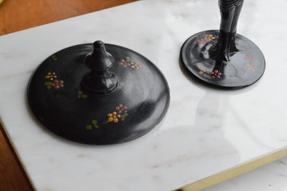 Rare 1930s Dermay Fifth Avenue NY Black Amethyst Glass Vanity Dish - Art Deco Nude Nymph Pedestal - Hand-Painted Enamel - Tiffin for Dermay