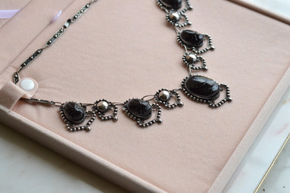 Vintage Mexican Sterling Silver Onyx Scarab Necklace - Signed JJG Co Mexico 925 - Egyptian Revival Festoon Fringe - Hand Carved Taxco Style Jewelry