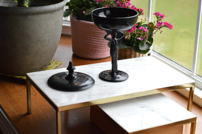 Rare 1930s Dermay Fifth Avenue NY Black Amethyst Glass Vanity Dish - Art Deco Nude Nymph Pedestal - Hand-Painted Enamel - Tiffin for Dermay