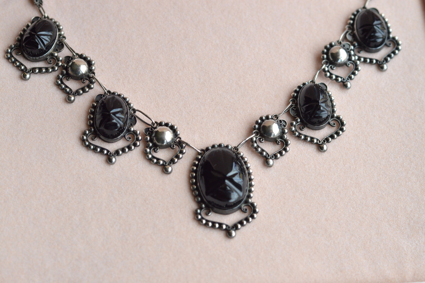 Vintage Mexican Sterling Silver Onyx Scarab Necklace - Signed JJG Co Mexico 925 - Egyptian Revival Festoon Fringe - Hand Carved Taxco Style Jewelry