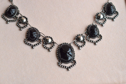 Vintage Mexican Sterling Silver Onyx Scarab Necklace - Signed JJG Co Mexico 925 - Egyptian Revival Festoon Fringe - Hand Carved Taxco Style Jewelry