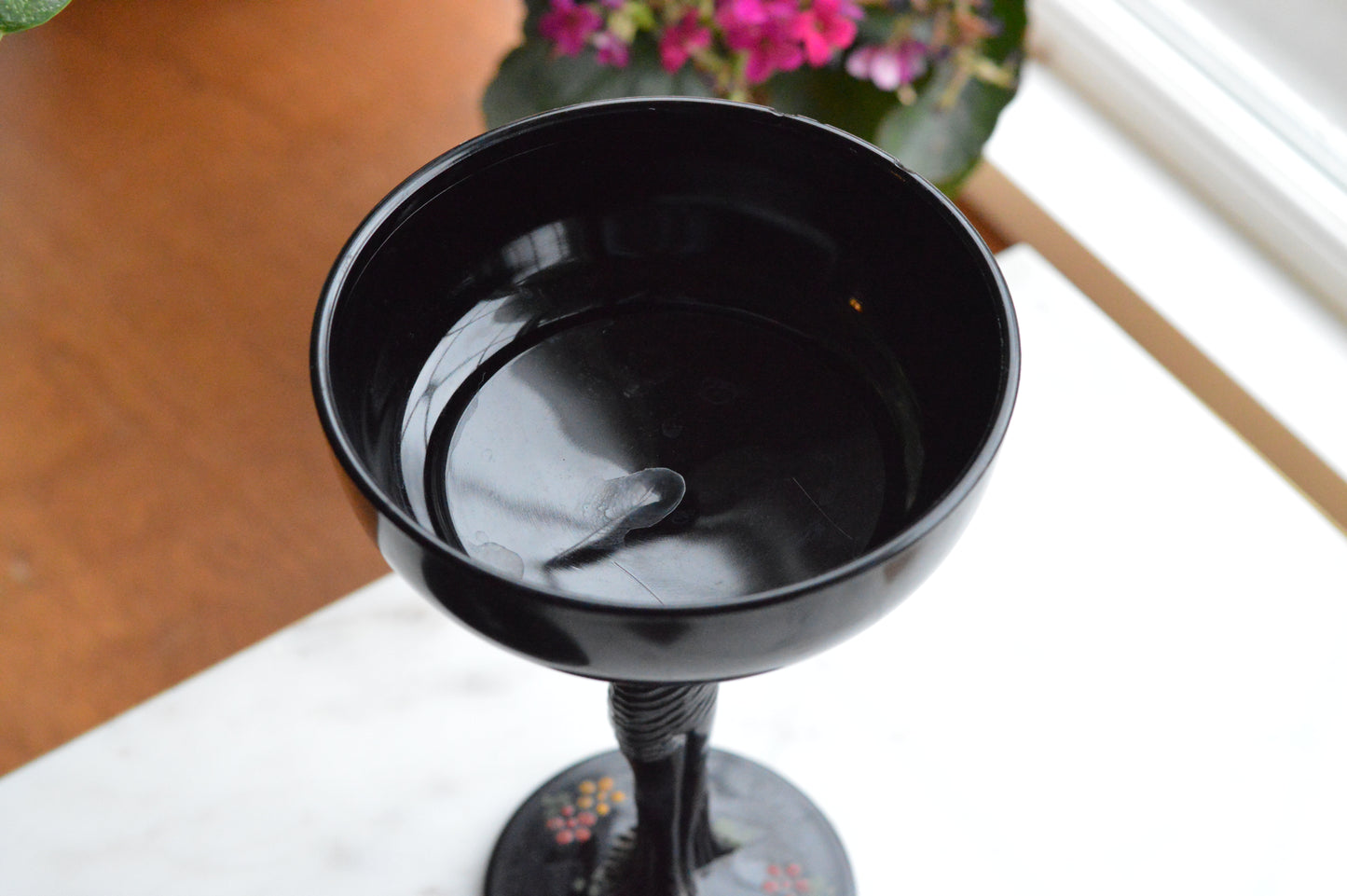 Rare 1930s Dermay Fifth Avenue NY Black Amethyst Glass Vanity Dish - Art Deco Nude Nymph Pedestal - Hand-Painted Enamel - Tiffin for Dermay