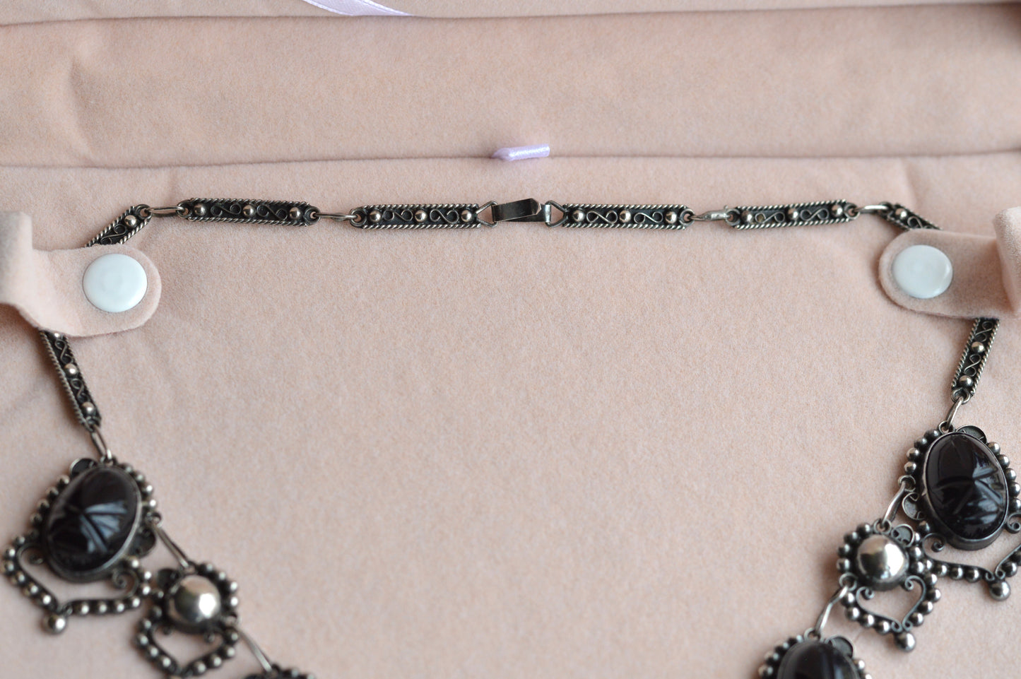 Vintage Mexican Sterling Silver Onyx Scarab Necklace - Signed JJG Co Mexico 925 - Egyptian Revival Festoon Fringe - Hand Carved Taxco Style Jewelry