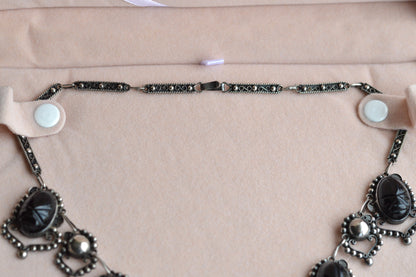 Vintage Mexican Sterling Silver Onyx Scarab Necklace - Signed JJG Co Mexico 925 - Egyptian Revival Festoon Fringe - Hand Carved Taxco Style Jewelry