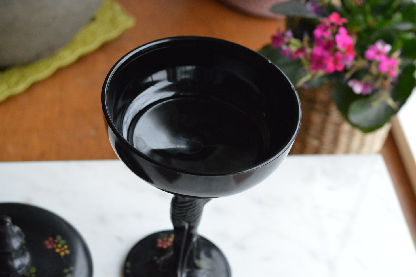 Rare 1930s Dermay Fifth Avenue NY Black Amethyst Glass Vanity Dish - Art Deco Nude Nymph Pedestal - Hand-Painted Enamel - Tiffin for Dermay