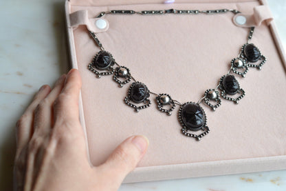 Vintage Mexican Sterling Silver Onyx Scarab Necklace - Signed JJG Co Mexico 925 - Egyptian Revival Festoon Fringe - Hand Carved Taxco Style Jewelry