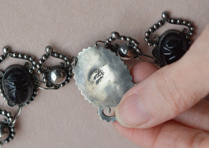 Vintage Mexican Sterling Silver Onyx Scarab Necklace - Signed JJG Co Mexico 925 - Egyptian Revival Festoon Fringe - Hand Carved Taxco Style Jewelry