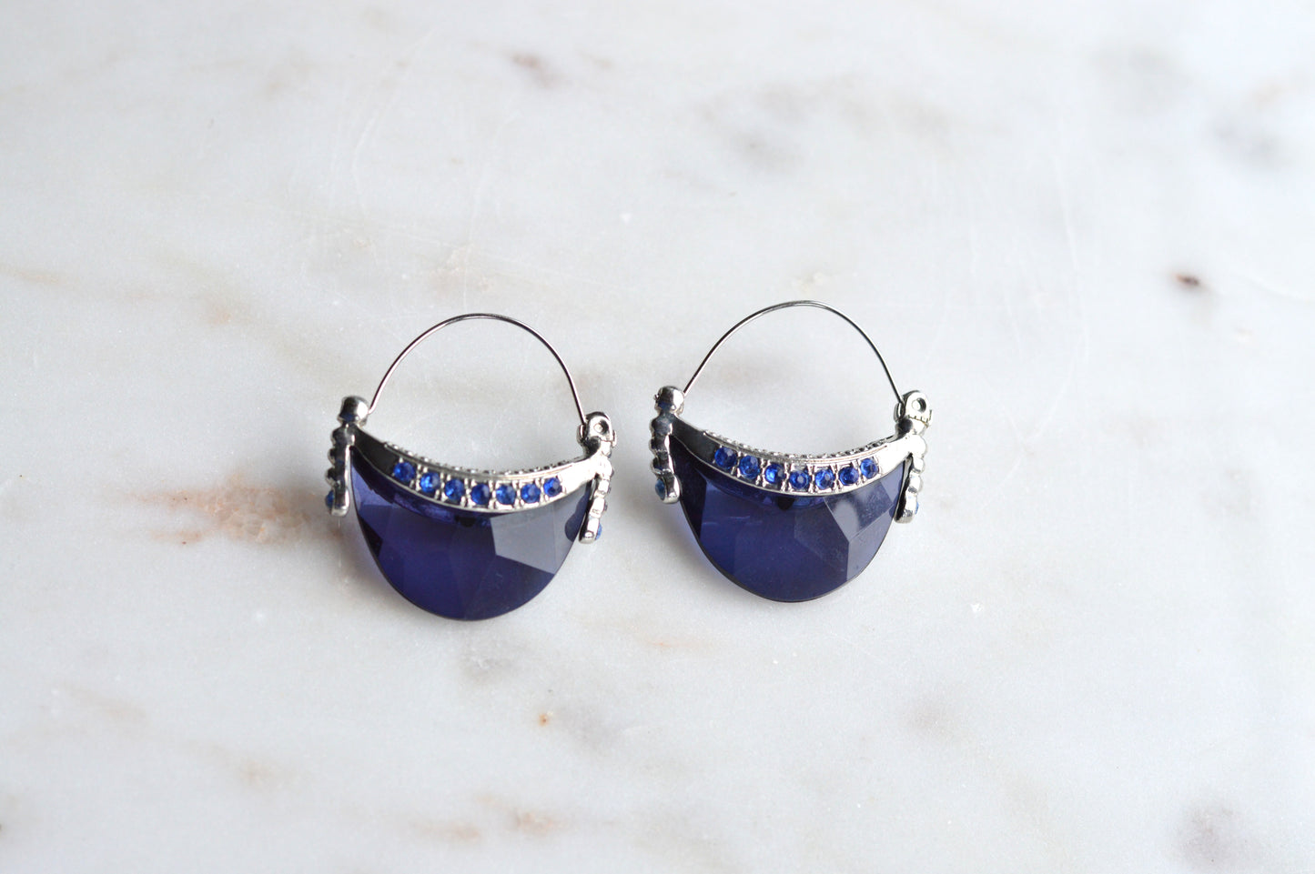 Vintage AVON Half Moon Hoop Earrings, Silver-Tone Crescent with Faux Sapphire Blue Stone & Rhinestones, Mid-Century Modern Pierced Hoops