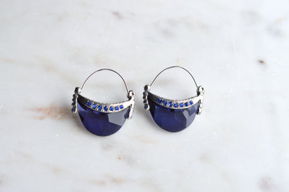 Vintage AVON Half Moon Hoop Earrings, Silver-Tone Crescent with Faux Sapphire Blue Stone & Rhinestones, Mid-Century Modern Pierced Hoops