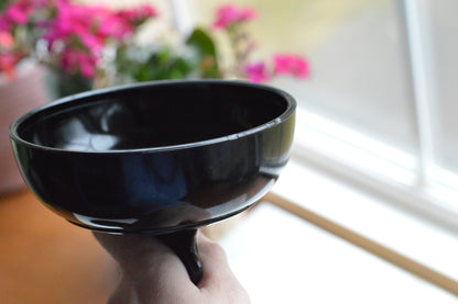 Rare 1930s Dermay Fifth Avenue NY Black Amethyst Glass Vanity Dish - Art Deco Nude Nymph Pedestal - Hand-Painted Enamel - Tiffin for Dermay