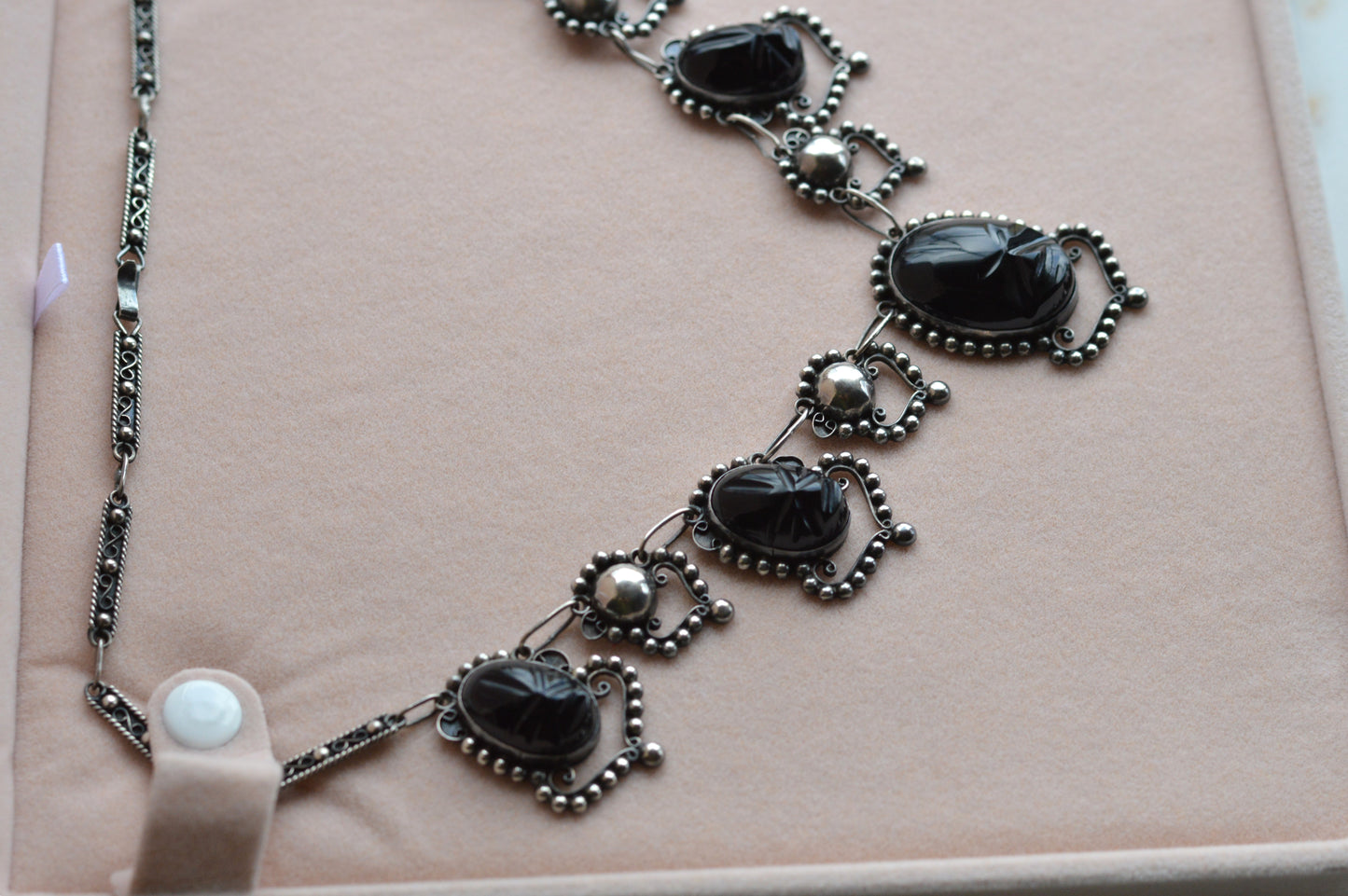 Vintage Mexican Sterling Silver Onyx Scarab Necklace - Signed JJG Co Mexico 925 - Egyptian Revival Festoon Fringe - Hand Carved Taxco Style Jewelry