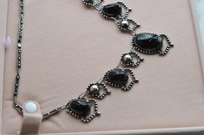 Vintage Mexican Sterling Silver Onyx Scarab Necklace - Signed JJG Co Mexico 925 - Egyptian Revival Festoon Fringe - Hand Carved Taxco Style Jewelry