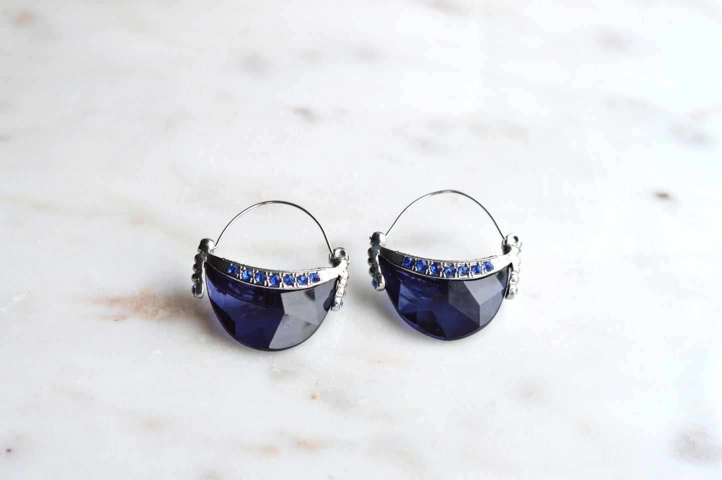 Vintage AVON Half Moon Hoop Earrings, Silver-Tone Crescent with Faux Sapphire Blue Stone & Rhinestones, Mid-Century Modern Pierced Hoops