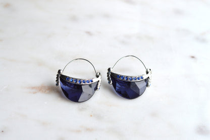 Vintage AVON Half Moon Hoop Earrings, Silver-Tone Crescent with Faux Sapphire Blue Stone & Rhinestones, Mid-Century Modern Pierced Hoops