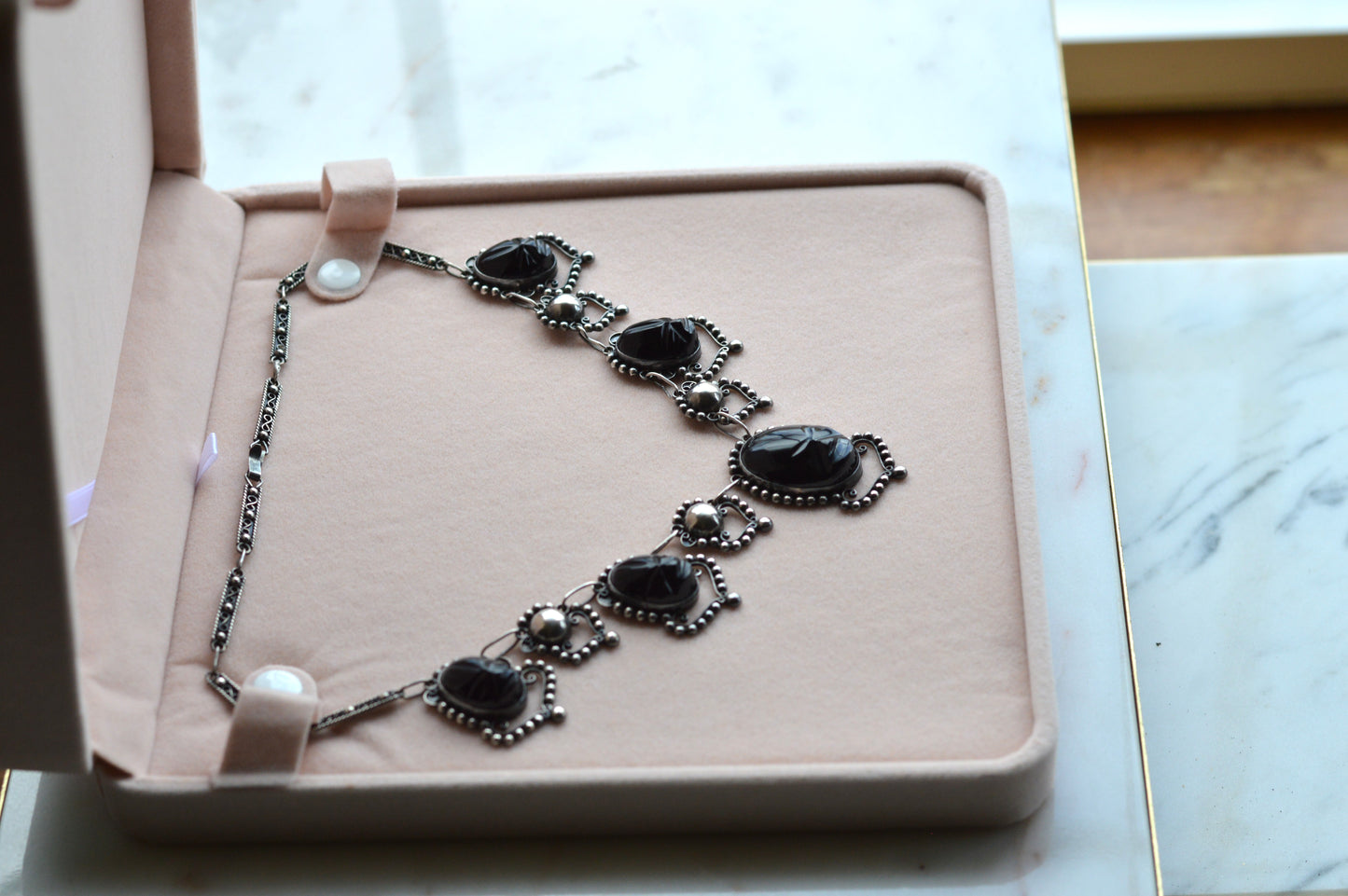 Vintage Mexican Sterling Silver Onyx Scarab Necklace - Signed JJG Co Mexico 925 - Egyptian Revival Festoon Fringe - Hand Carved Taxco Style Jewelry