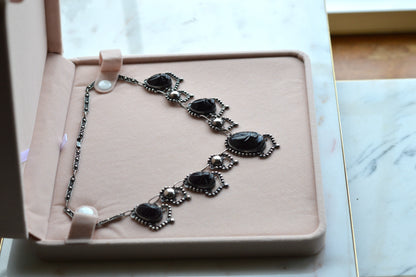 Vintage Mexican Sterling Silver Onyx Scarab Necklace - Signed JJG Co Mexico 925 - Egyptian Revival Festoon Fringe - Hand Carved Taxco Style Jewelry