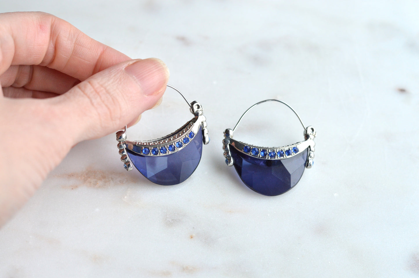 Vintage AVON Half Moon Hoop Earrings, Silver-Tone Crescent with Faux Sapphire Blue Stone & Rhinestones, Mid-Century Modern Pierced Hoops