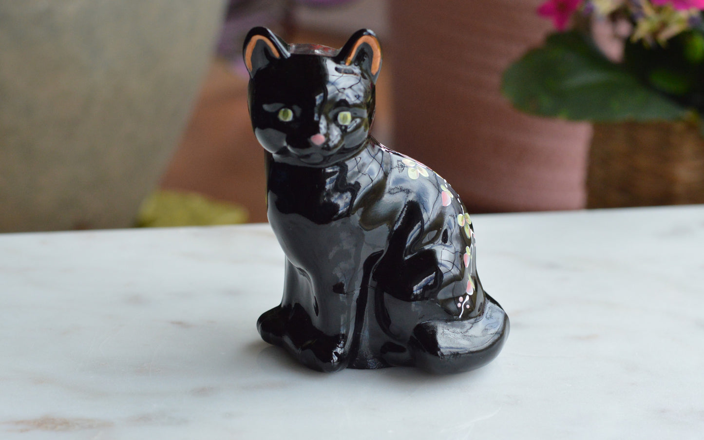 Vintage Fenton Black Cat Figurine – "Black Copper Rose" Pattern, Hand-Painted & Signed by J. Marr, Original Labels