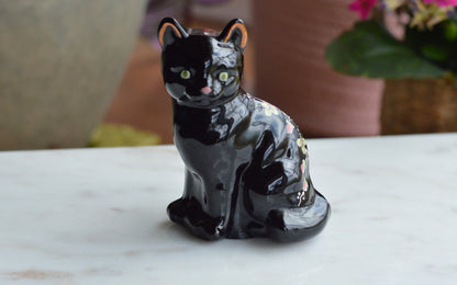 Vintage Fenton Black Cat Figurine – "Black Copper Rose" Pattern, Hand-Painted & Signed by J. Marr, Original Labels
