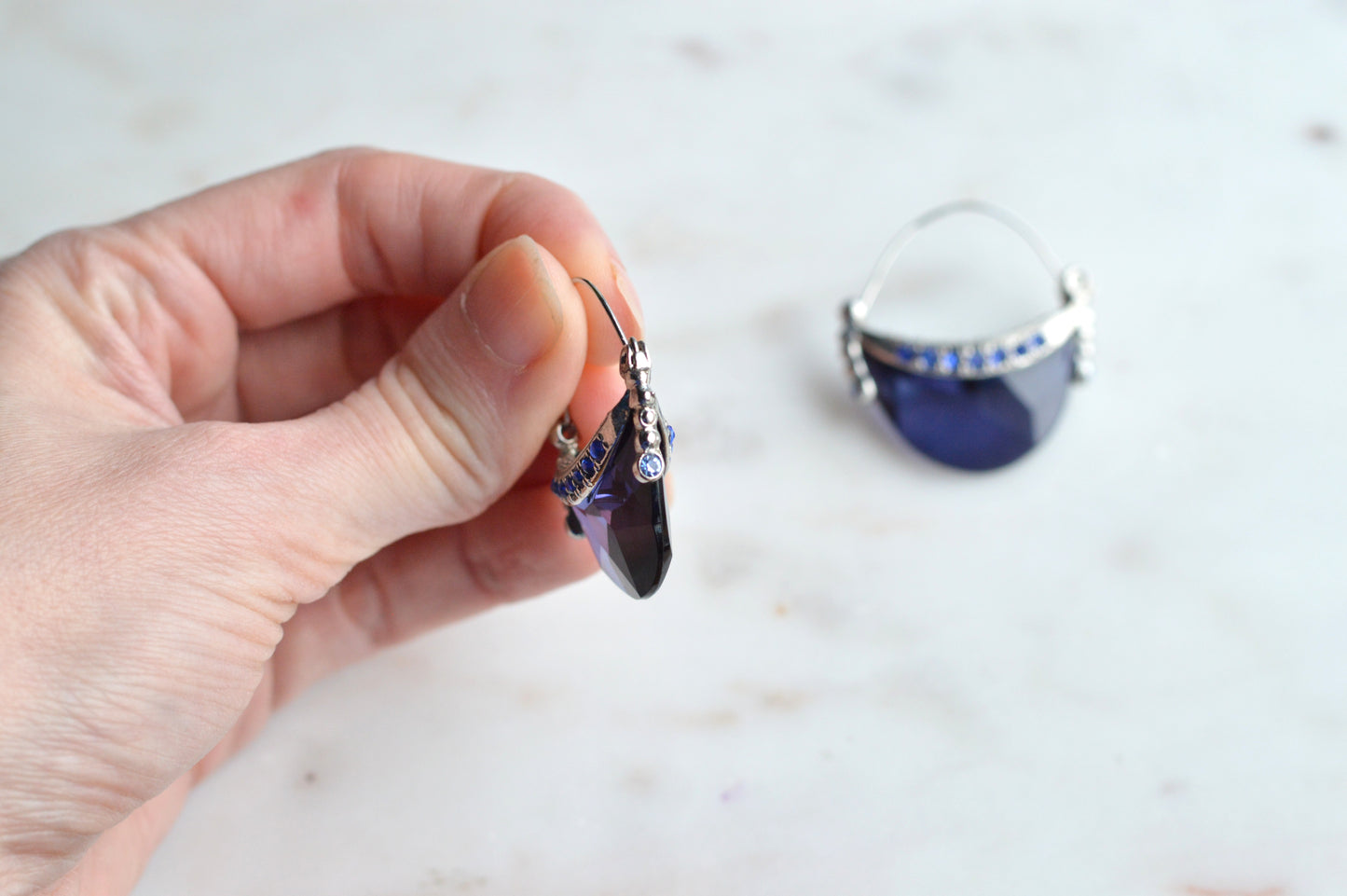 Vintage AVON Half Moon Hoop Earrings, Silver-Tone Crescent with Faux Sapphire Blue Stone & Rhinestones, Mid-Century Modern Pierced Hoops