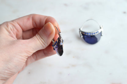 Vintage AVON Half Moon Hoop Earrings, Silver-Tone Crescent with Faux Sapphire Blue Stone & Rhinestones, Mid-Century Modern Pierced Hoops