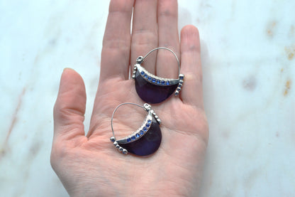 Vintage AVON Half Moon Hoop Earrings, Silver-Tone Crescent with Faux Sapphire Blue Stone & Rhinestones, Mid-Century Modern Pierced Hoops