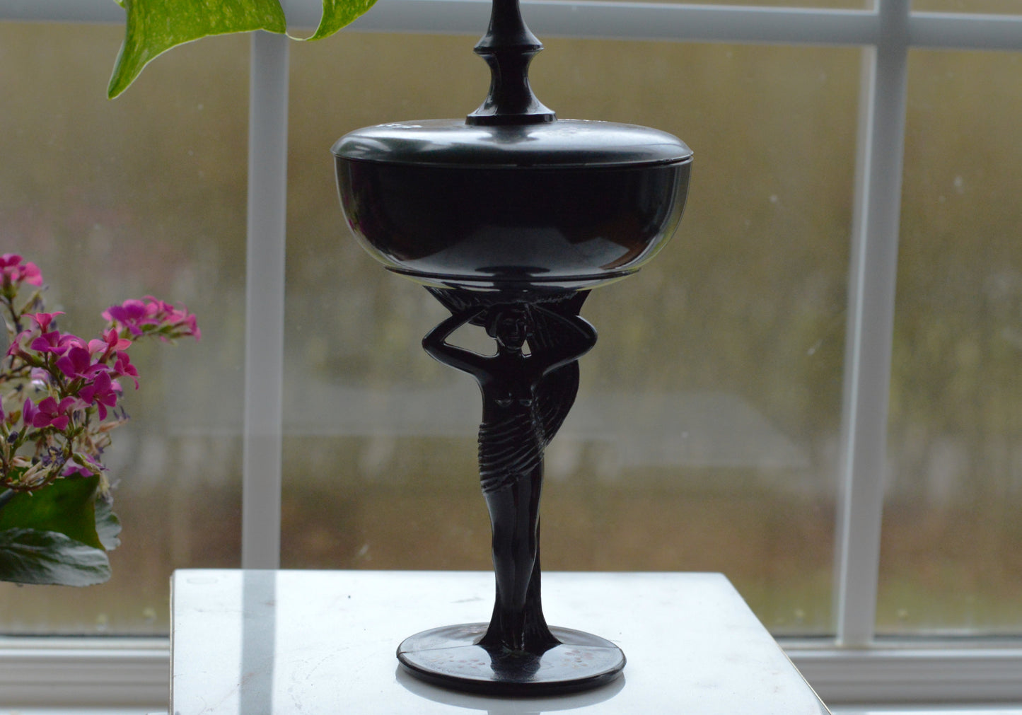 Rare 1930s Dermay Fifth Avenue NY Black Amethyst Glass Vanity Dish - Art Deco Nude Nymph Pedestal - Hand-Painted Enamel - Tiffin for Dermay