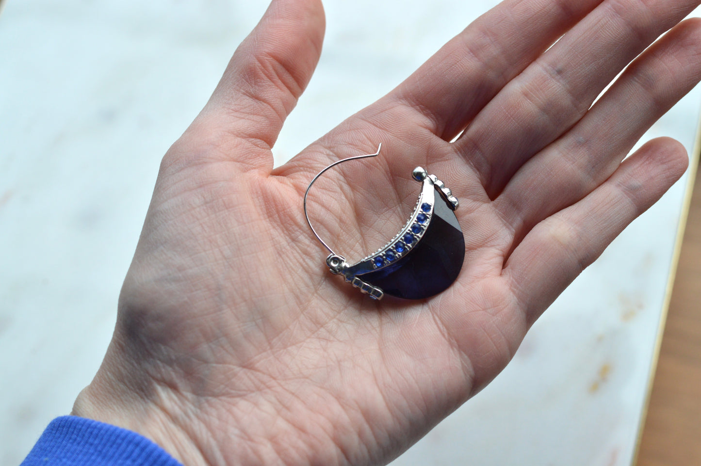 Vintage AVON Half Moon Hoop Earrings, Silver-Tone Crescent with Faux Sapphire Blue Stone & Rhinestones, Mid-Century Modern Pierced Hoops