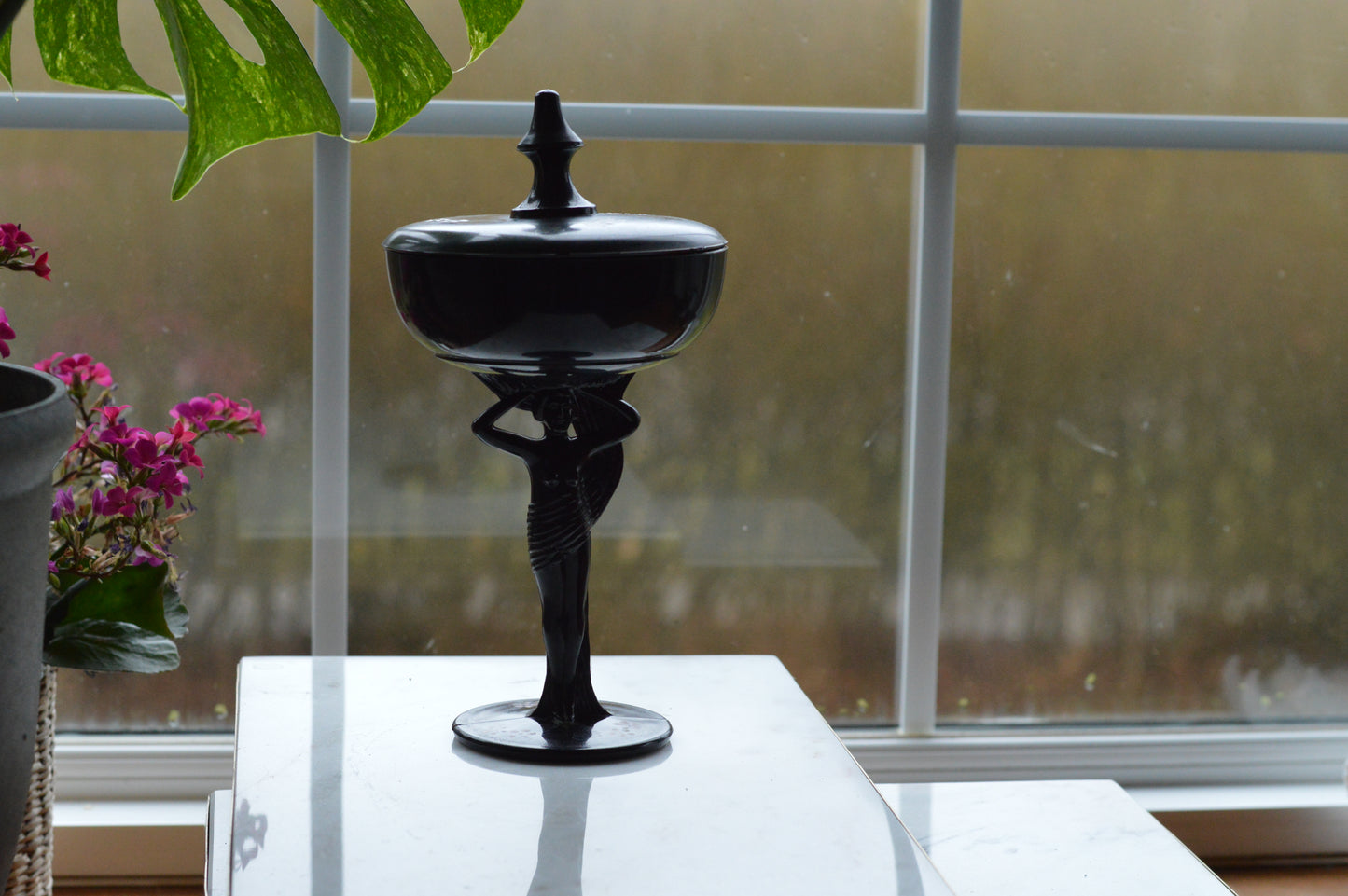 Rare 1930s Dermay Fifth Avenue NY Black Amethyst Glass Vanity Dish - Art Deco Nude Nymph Pedestal - Hand-Painted Enamel - Tiffin for Dermay