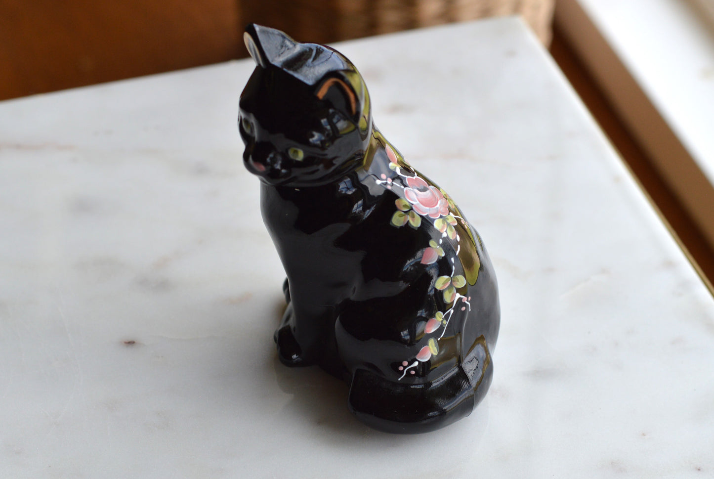 Vintage Fenton Black Cat Figurine – "Black Copper Rose" Pattern, Hand-Painted & Signed by J. Marr, Original Labels
