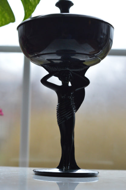 Rare 1930s Dermay Fifth Avenue NY Black Amethyst Glass Vanity Dish - Art Deco Nude Nymph Pedestal - Hand-Painted Enamel - Tiffin for Dermay
