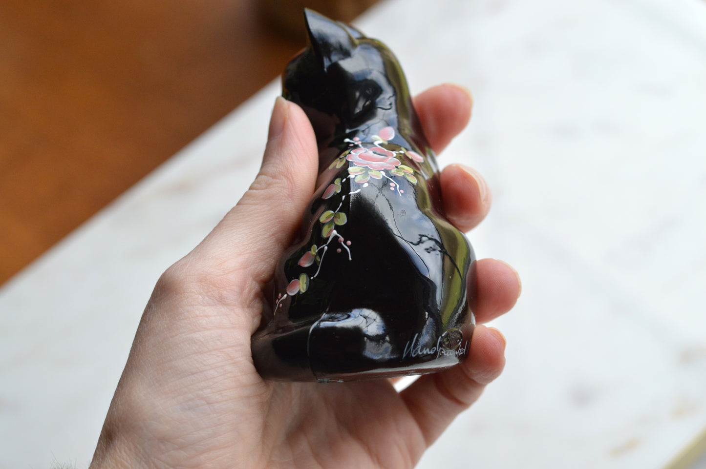 Vintage Fenton Black Cat Figurine – "Black Copper Rose" Pattern, Hand-Painted & Signed by J. Marr, Original Labels