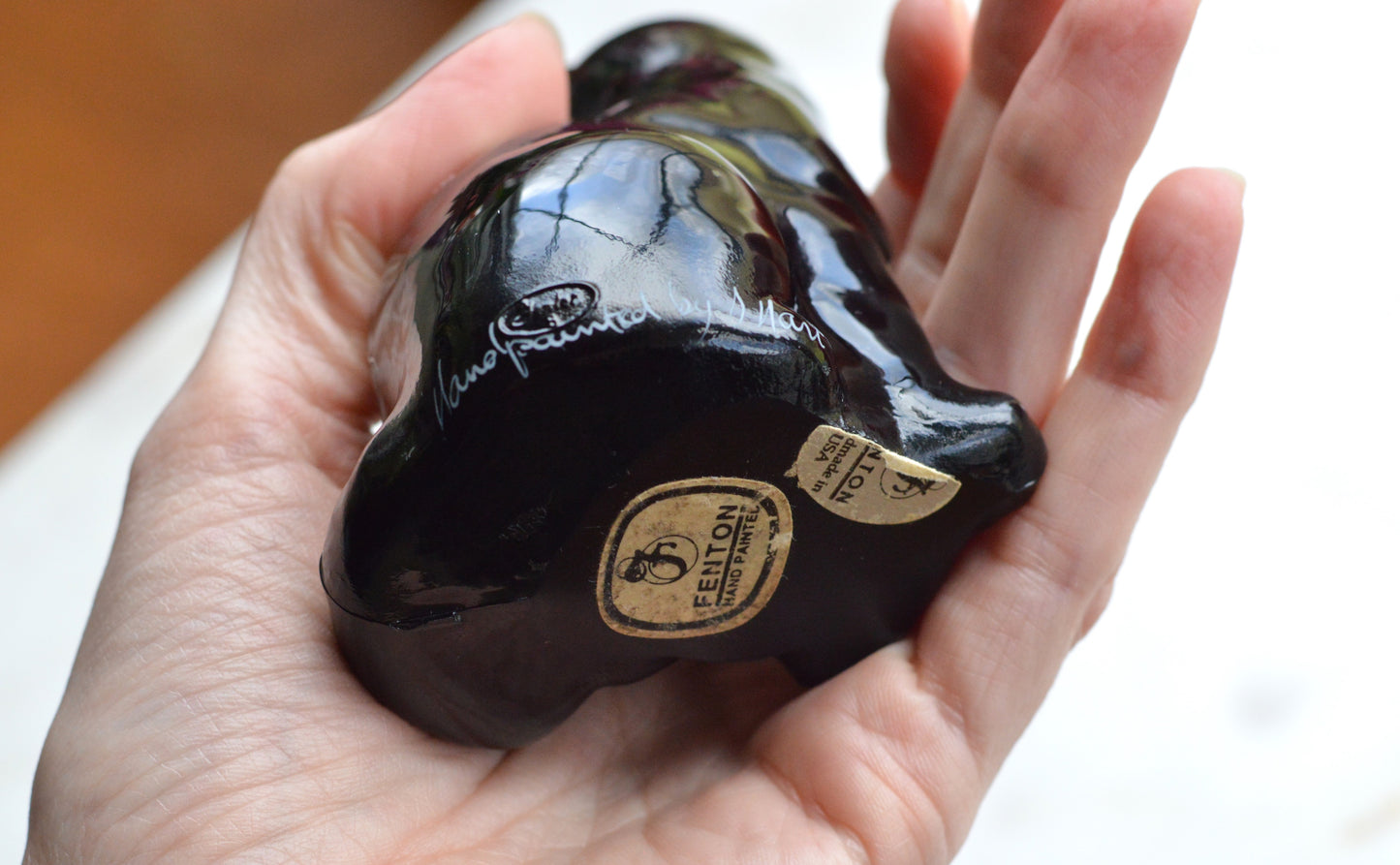 Vintage Fenton Black Cat Figurine – "Black Copper Rose" Pattern, Hand-Painted & Signed by J. Marr, Original Labels