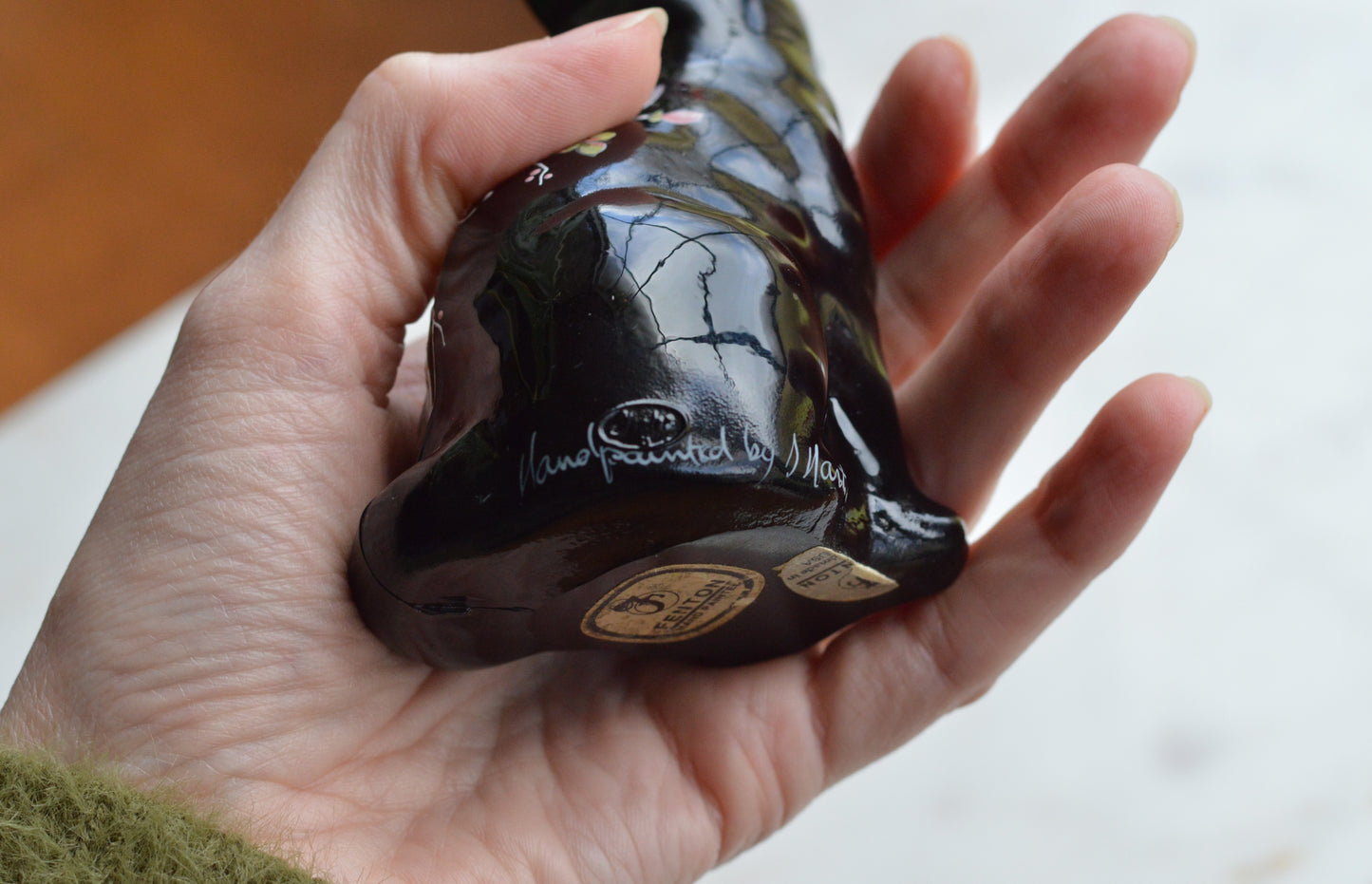 Vintage Fenton Black Cat Figurine – "Black Copper Rose" Pattern, Hand-Painted & Signed by J. Marr, Original Labels