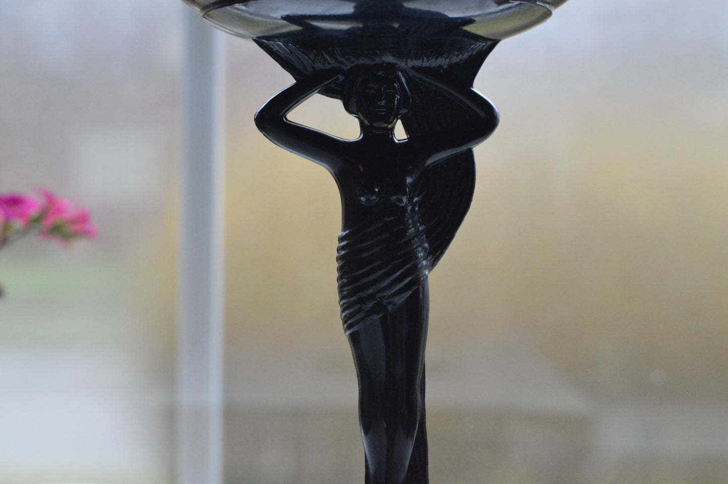 Rare 1930s Dermay Fifth Avenue NY Black Amethyst Glass Vanity Dish - Art Deco Nude Nymph Pedestal - Hand-Painted Enamel - Tiffin for Dermay