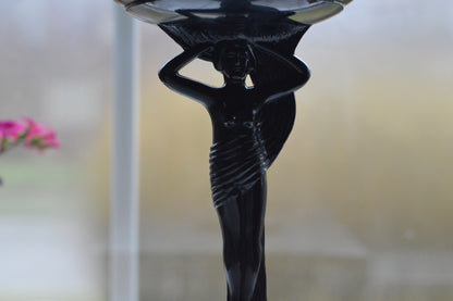 Rare 1930s Dermay Fifth Avenue NY Black Amethyst Glass Vanity Dish - Art Deco Nude Nymph Pedestal - Hand-Painted Enamel - Tiffin for Dermay