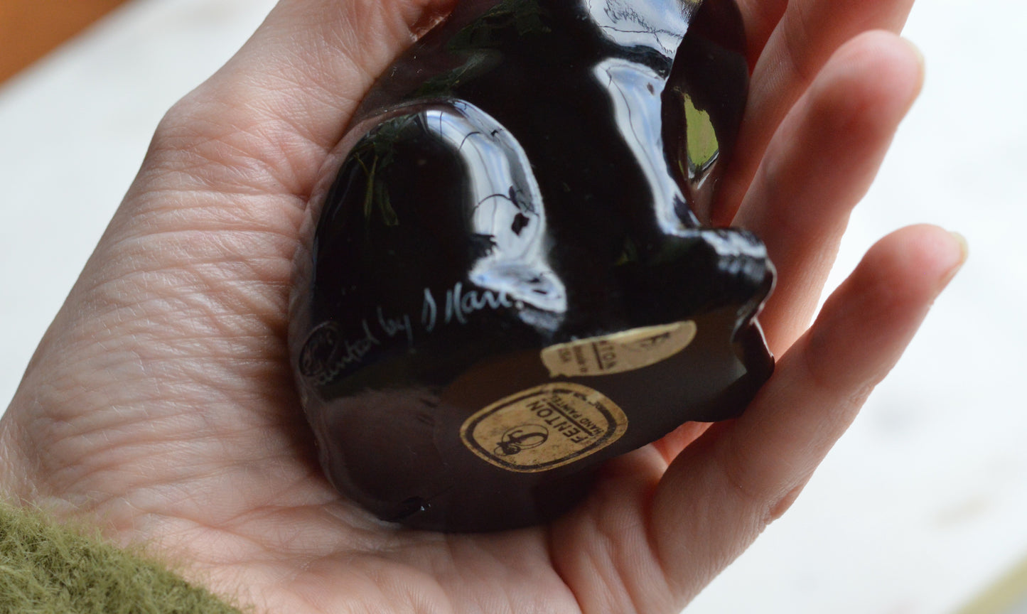 Vintage Fenton Black Cat Figurine – "Black Copper Rose" Pattern, Hand-Painted & Signed by J. Marr, Original Labels
