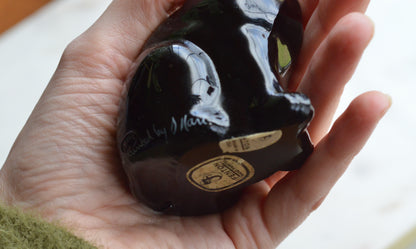 Vintage Fenton Black Cat Figurine – "Black Copper Rose" Pattern, Hand-Painted & Signed by J. Marr, Original Labels