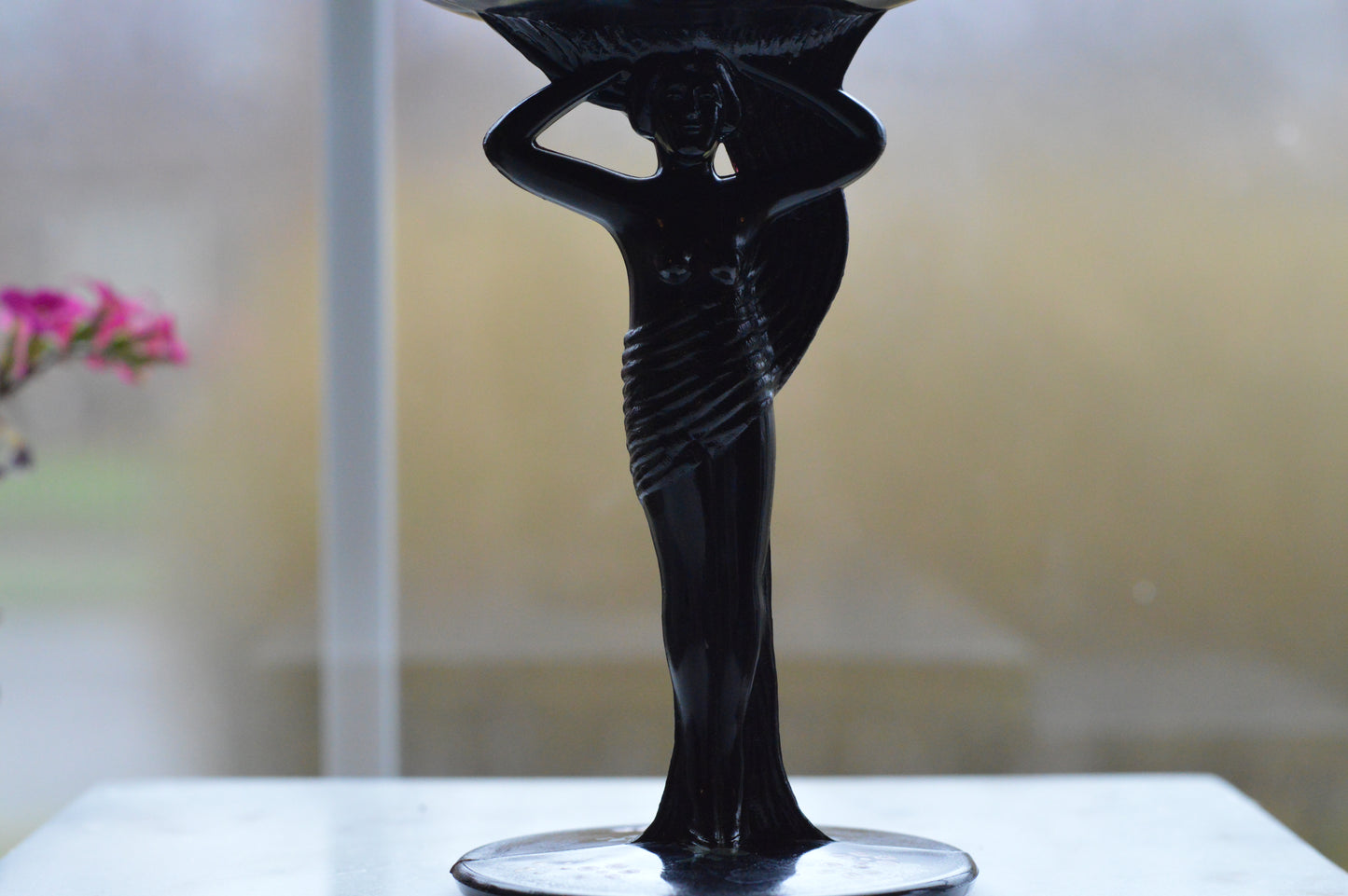 Rare 1930s Dermay Fifth Avenue NY Black Amethyst Glass Vanity Dish - Art Deco Nude Nymph Pedestal - Hand-Painted Enamel - Tiffin for Dermay