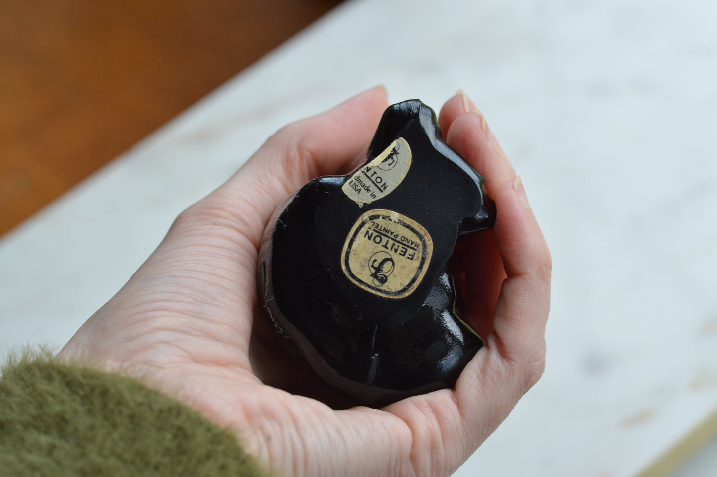 Vintage Fenton Black Cat Figurine – "Black Copper Rose" Pattern, Hand-Painted & Signed by J. Marr, Original Labels