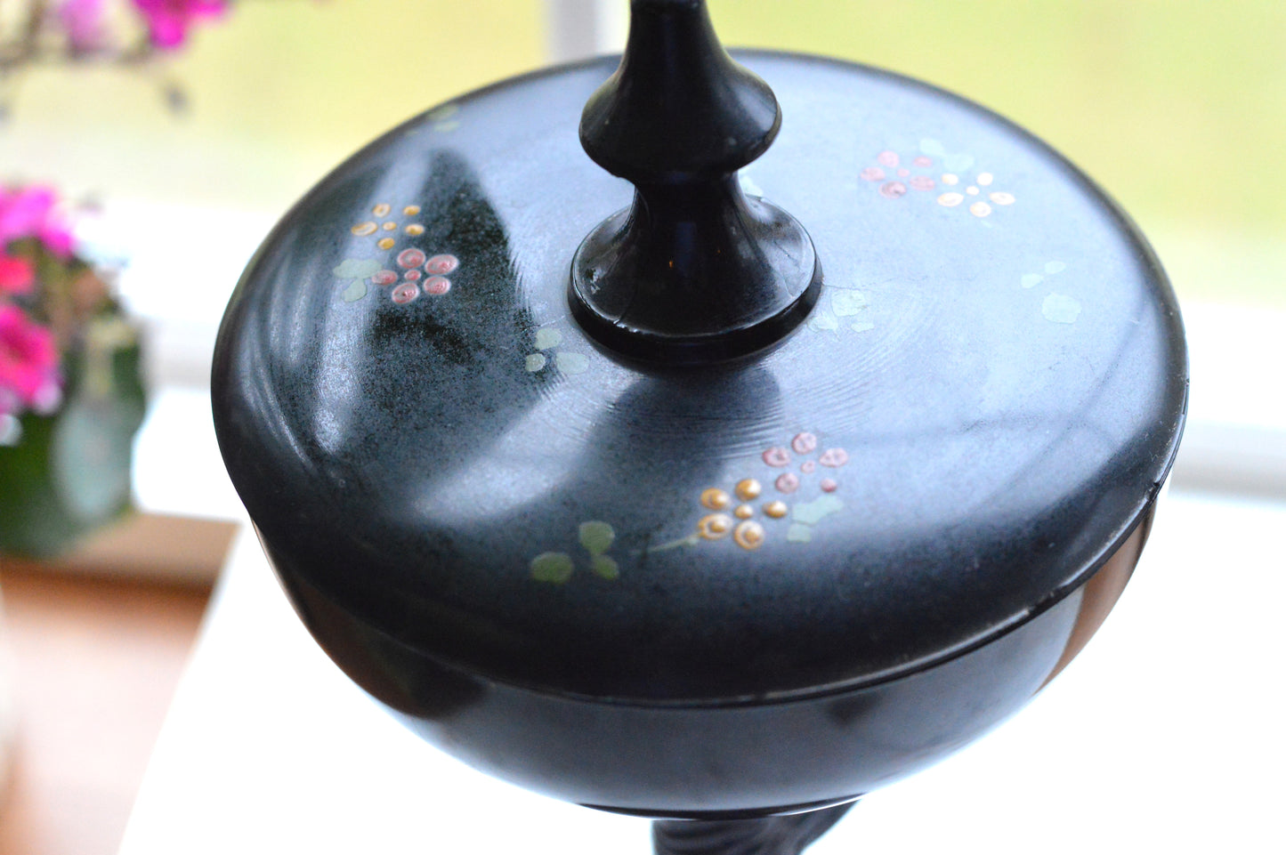 Rare 1930s Dermay Fifth Avenue NY Black Amethyst Glass Vanity Dish - Art Deco Nude Nymph Pedestal - Hand-Painted Enamel - Tiffin for Dermay